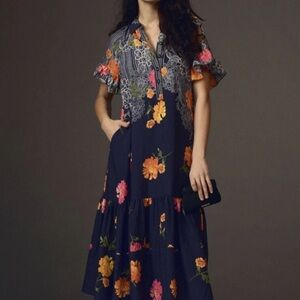Anthropologie Navy and Floral Midi Dress